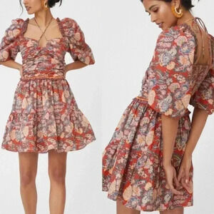 Anthropologie Floral Puff Sleeve Dress - Red and Blue
